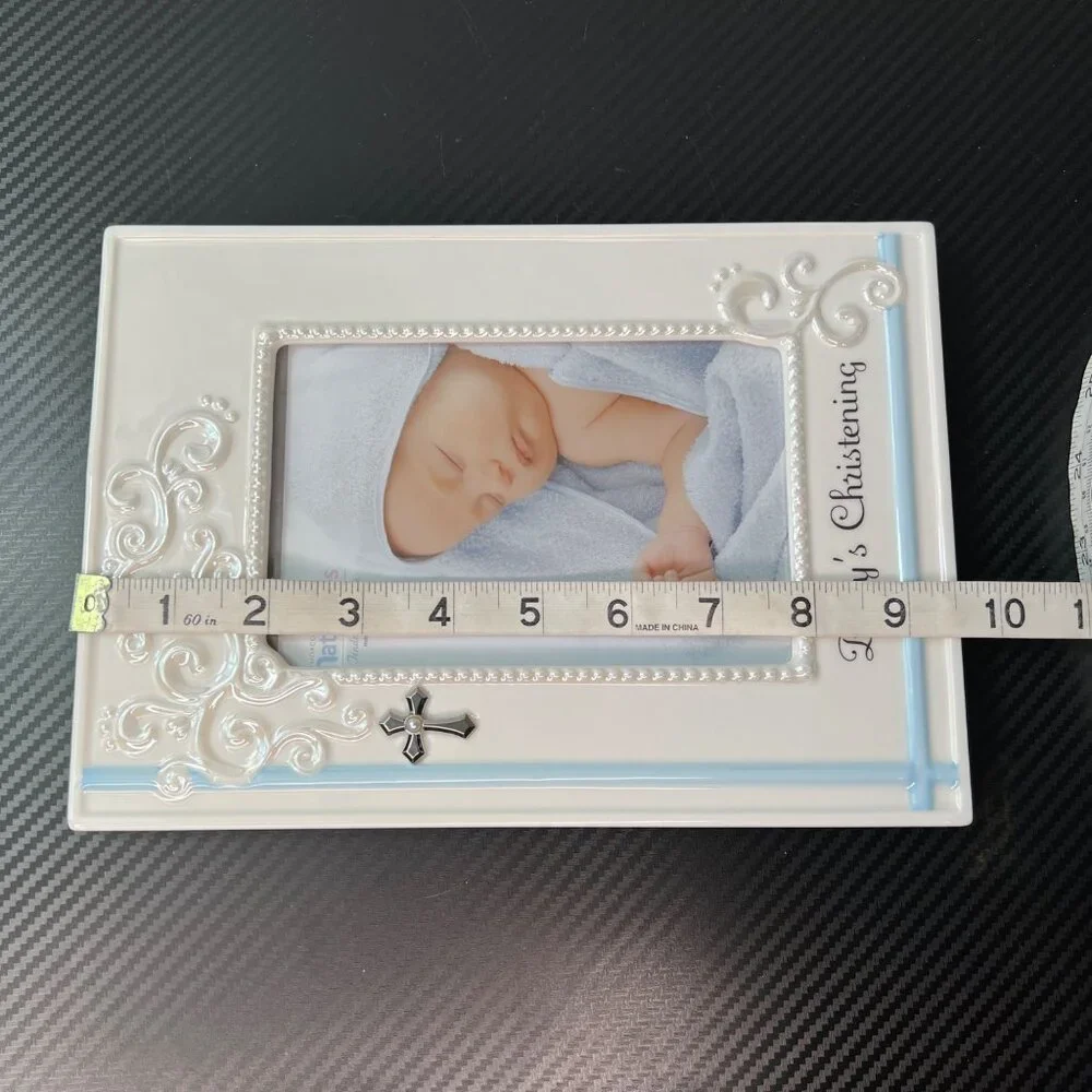Demarco Nat & Jules Baby Boy Christening Picture Frame Ceramic With Cross Blue